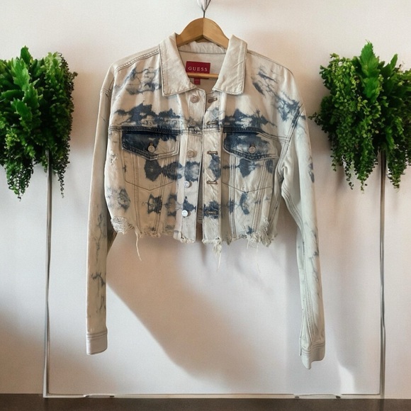 Guess Jackets & Blazers - Guess Bleached Out Blue and White Cropped Distressed Denim Jean Jacket NWOT